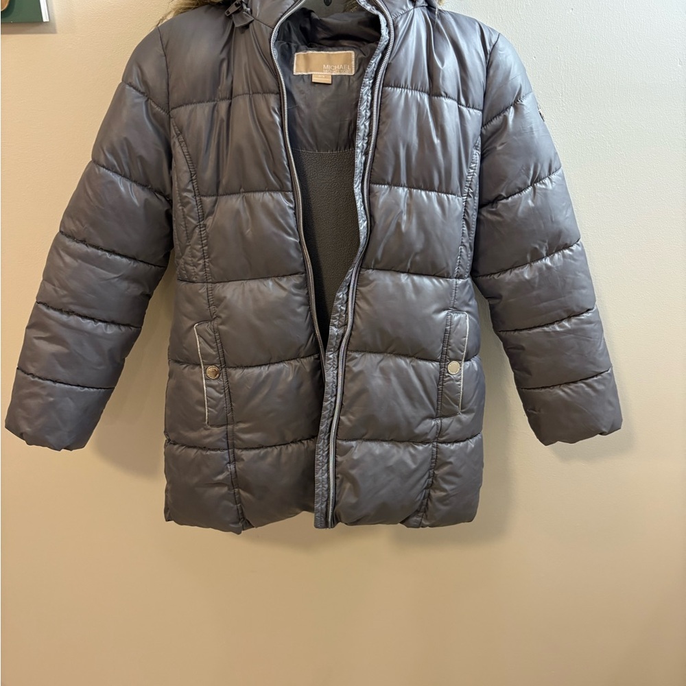 Michael Kors Kids Silver Puffer Jacket with Faux Fur Hood - Picture 6 of 14